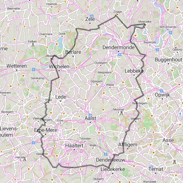 Map miniature of "Moerzeke to Uitbergen Road Route" cycling inspiration in Prov. Oost-Vlaanderen, Belgium. Generated by Tarmacs.app cycling route planner