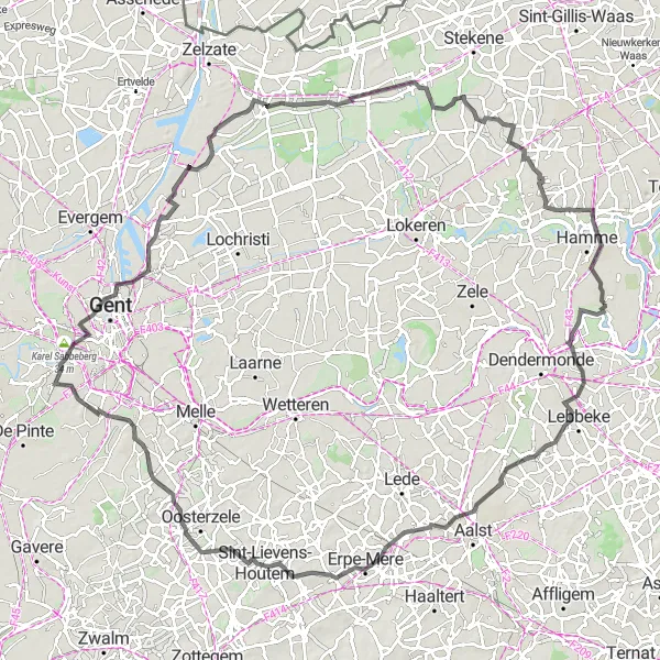 Miniature de la carte de l'inspiration cycliste "Parcours du Canal et des Châteaux" dans la Prov. Oost-Vlaanderen, Belgium. Générée par le planificateur d'itinéraire cycliste Tarmacs.app