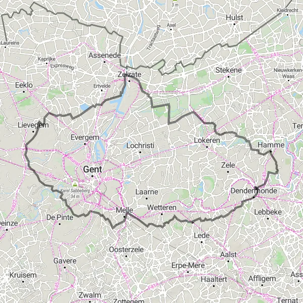Karten-Miniaturansicht der Radinspiration "Straßenroute von Moerzeke nach Ruiter" in Prov. Oost-Vlaanderen, Belgium. Erstellt vom Tarmacs.app-Routenplaner für Radtouren