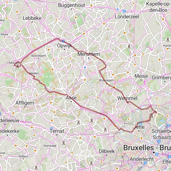 Miniature de la carte de l'inspiration cycliste "Moorsel - Meldert Gravel Challenge" dans la Prov. Oost-Vlaanderen, Belgium. Générée par le planificateur d'itinéraire cycliste Tarmacs.app