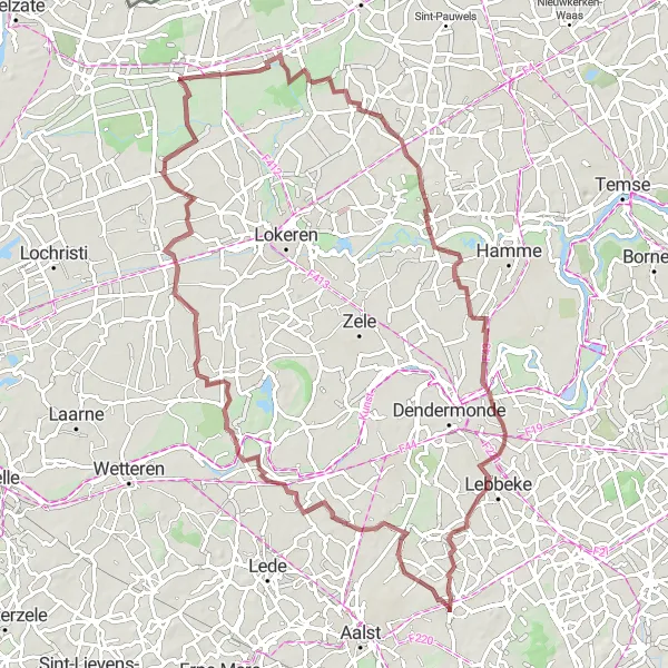 Miniature de la carte de l'inspiration cycliste "Uitbergen - Moorsel Gravel Adventure" dans la Prov. Oost-Vlaanderen, Belgium. Générée par le planificateur d'itinéraire cycliste Tarmacs.app