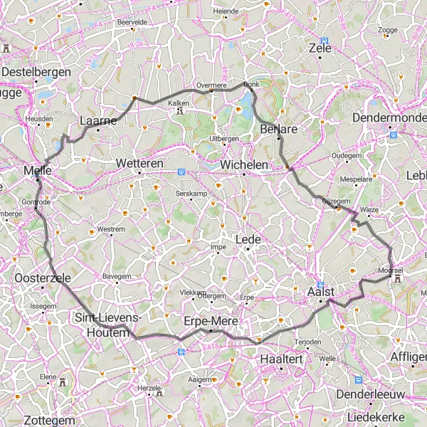 Miniature de la carte de l'inspiration cycliste "Burst - Gijzegem Road Cycling" dans la Prov. Oost-Vlaanderen, Belgium. Générée par le planificateur d'itinéraire cycliste Tarmacs.app