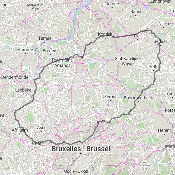 Miniatuurkaart van de fietsinspiratie "Fietsavontuur naar Kontich en Drie Fonteinen" in Prov. Oost-Vlaanderen, Belgium. Gemaakt door de Tarmacs.app fietsrouteplanner