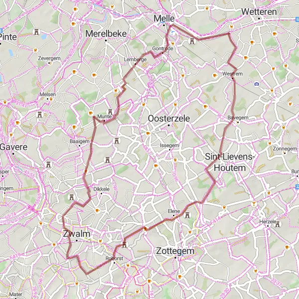 Miniatuurkaart van de fietsinspiratie "Grindroute van Munkzwalm naar Munte en Velzeke-Ruddershove" in Prov. Oost-Vlaanderen, Belgium. Gemaakt door de Tarmacs.app fietsrouteplanner