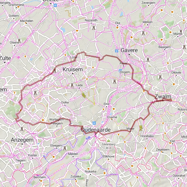 Map miniature of "The Mater Loop" cycling inspiration in Prov. Oost-Vlaanderen, Belgium. Generated by Tarmacs.app cycling route planner