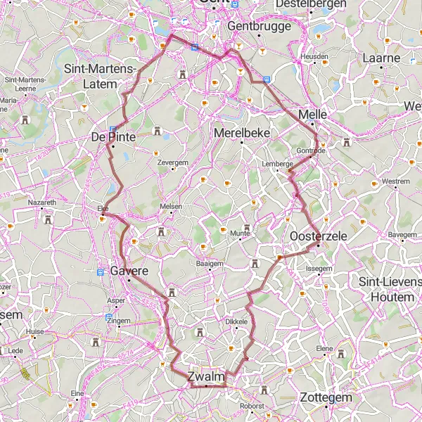 Karten-Miniaturansicht der Radinspiration "Abenteuerliche Gravelroute in der Nähe von Munkzwalm" in Prov. Oost-Vlaanderen, Belgium. Erstellt vom Tarmacs.app-Routenplaner für Radtouren