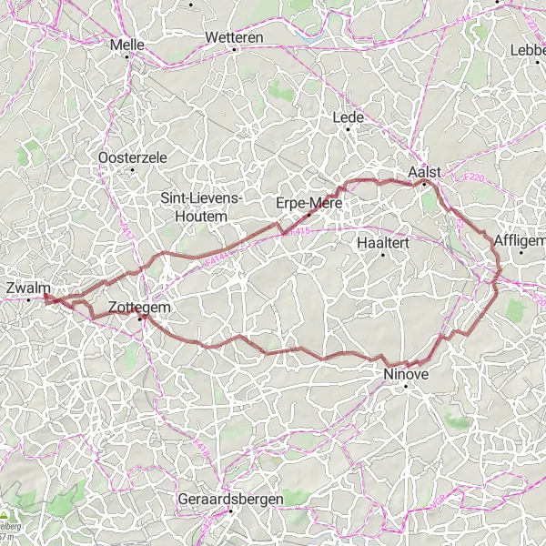 Miniatuurkaart van de fietsinspiratie "Gravelroute rond Munkzwalm via Velzeke-Ruddershove" in Prov. Oost-Vlaanderen, Belgium. Gemaakt door de Tarmacs.app fietsrouteplanner