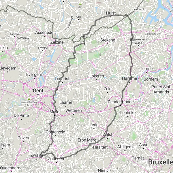 Miniature de la carte de l'inspiration cycliste "Parcours de cyclisme sur route de Munkzwalm à travers les châteaux et tours" dans la Prov. Oost-Vlaanderen, Belgium. Générée par le planificateur d'itinéraire cycliste Tarmacs.app