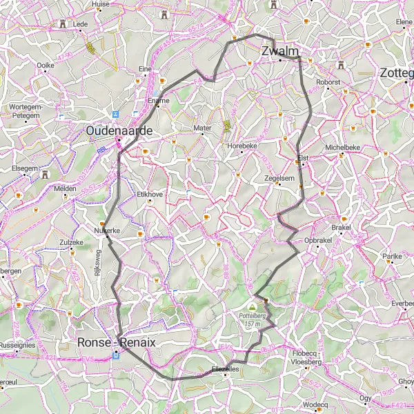 Miniatuurkaart van de fietsinspiratie "52 km Munkzwalm-Nederzwalm route" in Prov. Oost-Vlaanderen, Belgium. Gemaakt door de Tarmacs.app fietsrouteplanner