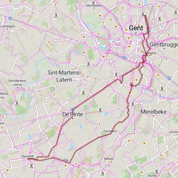 Miniatuurkaart van de fietsinspiratie "Nazareth - Eke - Zwijnaarde - St Bavo’s Abdij" in Prov. Oost-Vlaanderen, Belgium. Gemaakt door de Tarmacs.app fietsrouteplanner