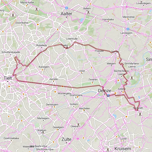 Miniatuurkaart van de fietsinspiratie "Nazareth - Deinze - Aarsele - Poeke - Bachte-Maria-Leerne" in Prov. Oost-Vlaanderen, Belgium. Gemaakt door de Tarmacs.app fietsrouteplanner