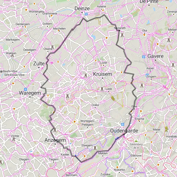 Miniatuurkaart van de fietsinspiratie "Nazareth - Eine - Anzegem - Olsene - Petegem-aan-de-Leie" in Prov. Oost-Vlaanderen, Belgium. Gemaakt door de Tarmacs.app fietsrouteplanner