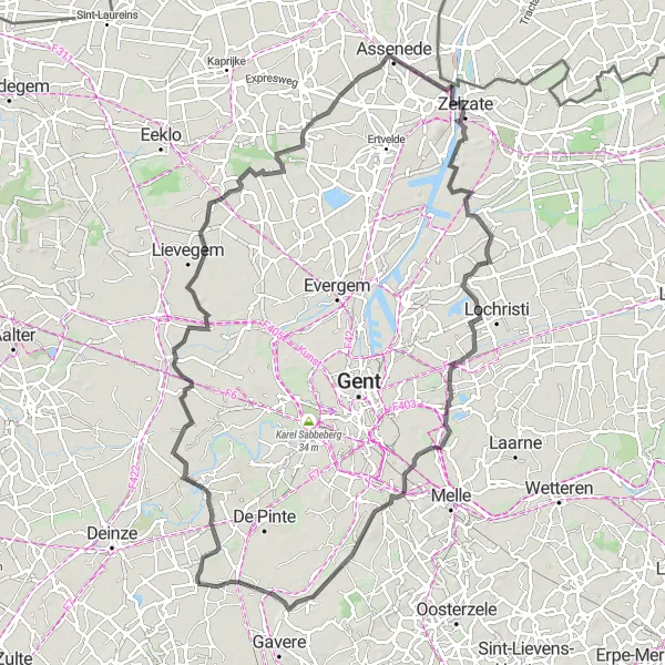 Miniatuurkaart van de fietsinspiratie "Langs de Schelde en door het Meetjesland" in Prov. Oost-Vlaanderen, Belgium. Gemaakt door de Tarmacs.app fietsrouteplanner