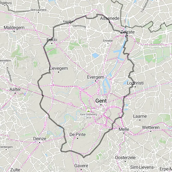 Miniatuurkaart van de fietsinspiratie "Van Leerne tot Eke: Landelijke Fietsroute" in Prov. Oost-Vlaanderen, Belgium. Gemaakt door de Tarmacs.app fietsrouteplanner