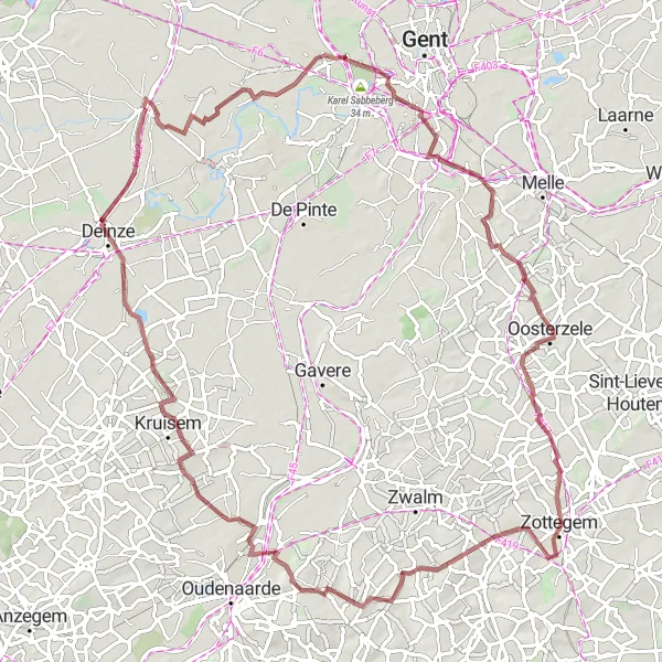Miniature de la carte de l'inspiration cycliste "Aventure en gravier de 87 km à travers la région de Nevele" dans la Prov. Oost-Vlaanderen, Belgium. Générée par le planificateur d'itinéraire cycliste Tarmacs.app