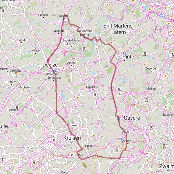 Miniature de la carte de l'inspiration cycliste "Parcours de gravier à proximité de Nevele" dans la Prov. Oost-Vlaanderen, Belgium. Générée par le planificateur d'itinéraire cycliste Tarmacs.app