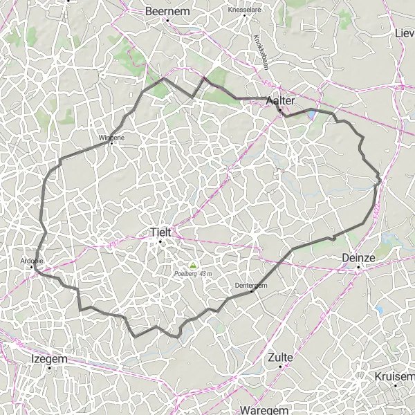 Miniature de la carte de l'inspiration cycliste "Boucle de 74 km au départ de Nevele vers Aalter" dans la Prov. Oost-Vlaanderen, Belgium. Générée par le planificateur d'itinéraire cycliste Tarmacs.app