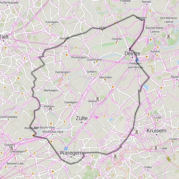 Miniatuurkaart van de fietsinspiratie "Korte fietsroute naar Deinze en terug" in Prov. Oost-Vlaanderen, Belgium. Gemaakt door de Tarmacs.app fietsrouteplanner