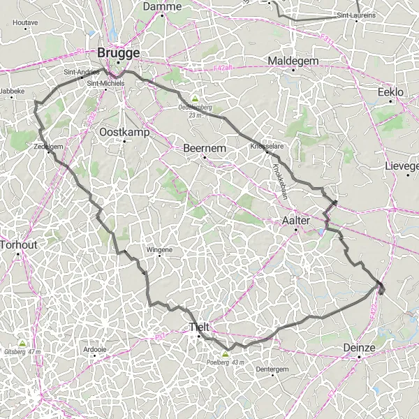 Miniatuurkaart van de fietsinspiratie "Fietsroute naar Nevele en omgeving" in Prov. Oost-Vlaanderen, Belgium. Gemaakt door de Tarmacs.app fietsrouteplanner