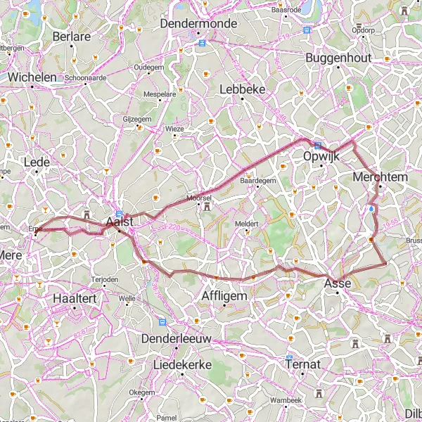 Miniatuurkaart van de fietsinspiratie "Gravelroute via Aalst, Merchtem, Putberg en Erembodegem" in Prov. Oost-Vlaanderen, Belgium. Gemaakt door de Tarmacs.app fietsrouteplanner