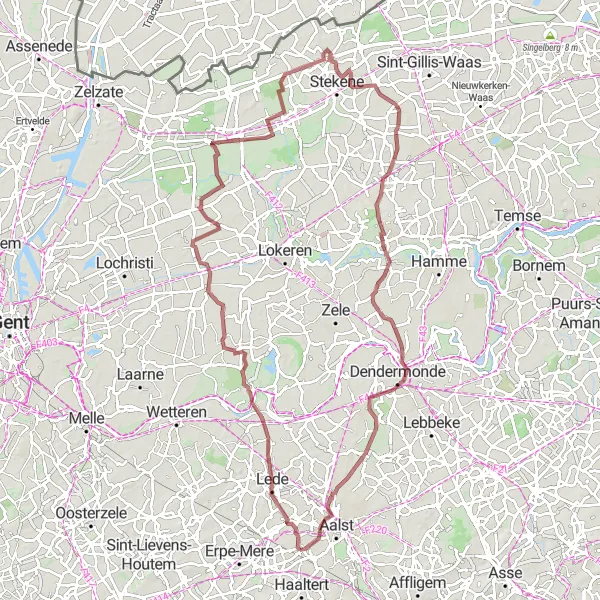 Miniatuurkaart van de fietsinspiratie "Gravelroute langs Kasteel De Smet en Sint-Pauwels" in Prov. Oost-Vlaanderen, Belgium. Gemaakt door de Tarmacs.app fietsrouteplanner