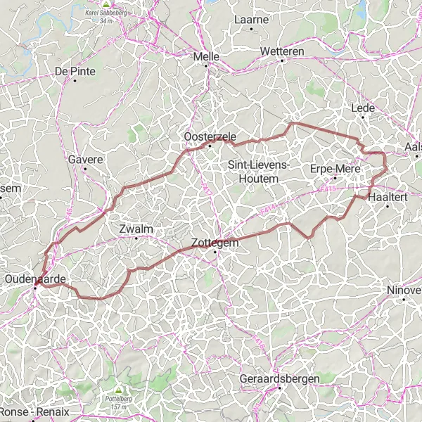 Miniatuurkaart van de fietsinspiratie "Gravelavontuur via Volkegem en Scheldewindeke" in Prov. Oost-Vlaanderen, Belgium. Gemaakt door de Tarmacs.app fietsrouteplanner