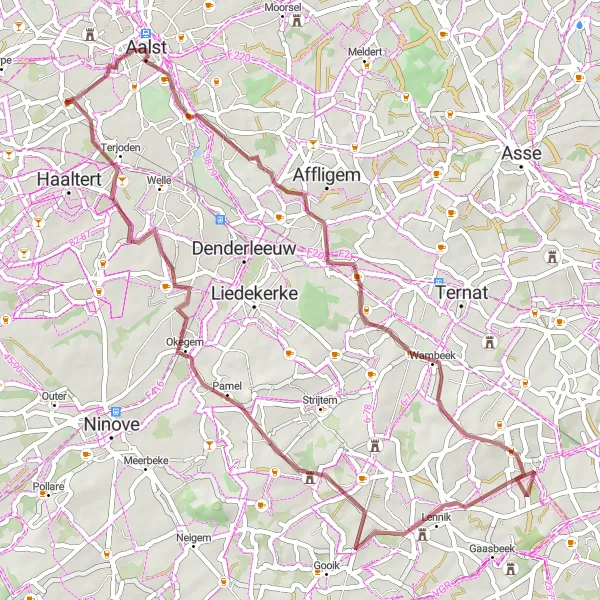 Miniatuurkaart van de fietsinspiratie "Gravelroute via Aalst, Wambeek, Onze-Lieve-Vrouw-Lombeek en Okegem" in Prov. Oost-Vlaanderen, Belgium. Gemaakt door de Tarmacs.app fietsrouteplanner