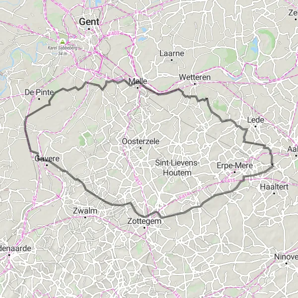 Miniatuurkaart van de fietsinspiratie "Roadroute via Ressegem, Beerlegem, Zwijnaarde, Impe en Nieuwerkerken" in Prov. Oost-Vlaanderen, Belgium. Gemaakt door de Tarmacs.app fietsrouteplanner