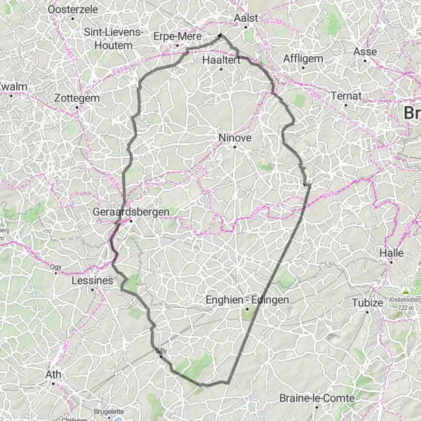 Karten-Miniaturansicht der Radinspiration "Hügelige Straßen von Nieuwerkerken" in Prov. Oost-Vlaanderen, Belgium. Erstellt vom Tarmacs.app-Routenplaner für Radtouren