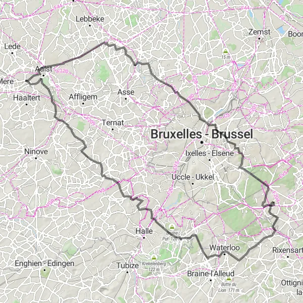 Miniatuurkaart van de fietsinspiratie "Wegrit door Aalst en Oudergem" in Prov. Oost-Vlaanderen, Belgium. Gemaakt door de Tarmacs.app fietsrouteplanner