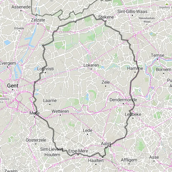 Miniatuurkaart van de fietsinspiratie "Roadroute via Letterhoutem, Heusden, Wachtebeke, Puivelde, Elversele en Moorsel" in Prov. Oost-Vlaanderen, Belgium. Gemaakt door de Tarmacs.app fietsrouteplanner
