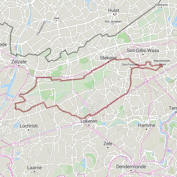 Map miniature of "Gravel Adventure" cycling inspiration in Prov. Oost-Vlaanderen, Belgium. Generated by Tarmacs.app cycling route planner