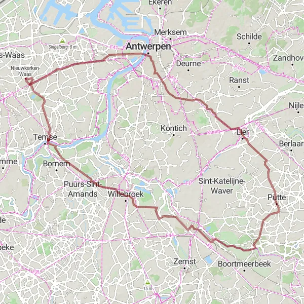 Miniatuurkaart van de fietsinspiratie "Gravelroute Nieuwkerken-Waas naar Sterreke" in Prov. Oost-Vlaanderen, Belgium. Gemaakt door de Tarmacs.app fietsrouteplanner