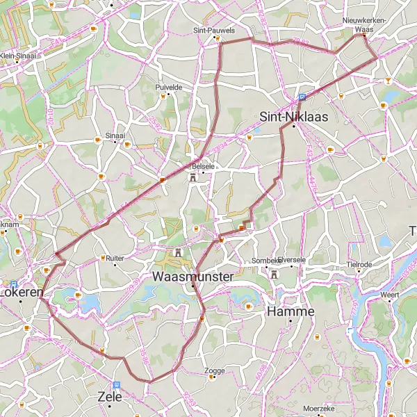 Map miniature of "Waasmunster Adventure" cycling inspiration in Prov. Oost-Vlaanderen, Belgium. Generated by Tarmacs.app cycling route planner