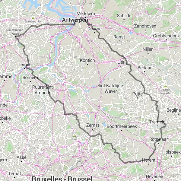 Miniatuurkaart van de fietsinspiratie "Wegroute Antwerpen - Puurs - Tremelo" in Prov. Oost-Vlaanderen, Belgium. Gemaakt door de Tarmacs.app fietsrouteplanner