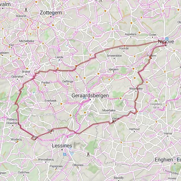 Miniature de la carte de l'inspiration cycliste "Au Coeur de Ninove" dans la Prov. Oost-Vlaanderen, Belgium. Générée par le planificateur d'itinéraire cycliste Tarmacs.app