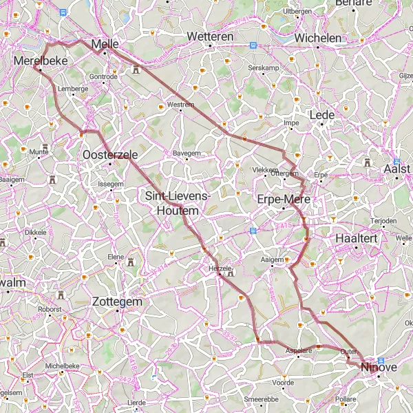 Miniatuurkaart van de fietsinspiratie "Gravelpad naar Heldergem en Melle" in Prov. Oost-Vlaanderen, Belgium. Gemaakt door de Tarmacs.app fietsrouteplanner