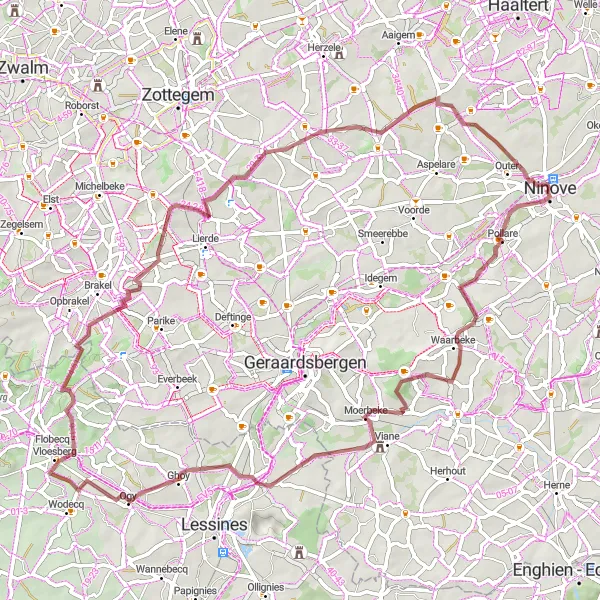 Miniatuurkaart van de fietsinspiratie "Uitgebreide graveltocht langs historische locaties" in Prov. Oost-Vlaanderen, Belgium. Gemaakt door de Tarmacs.app fietsrouteplanner