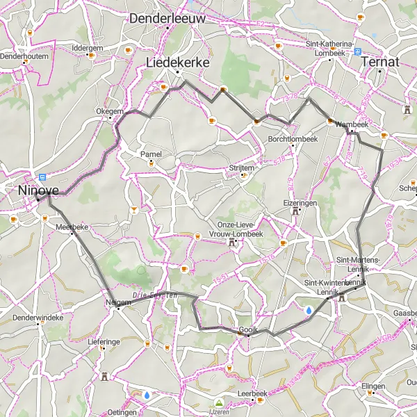 Miniature de la carte de l'inspiration cycliste "Tour des collines de la région de Ninove" dans la Prov. Oost-Vlaanderen, Belgium. Générée par le planificateur d'itinéraire cycliste Tarmacs.app
