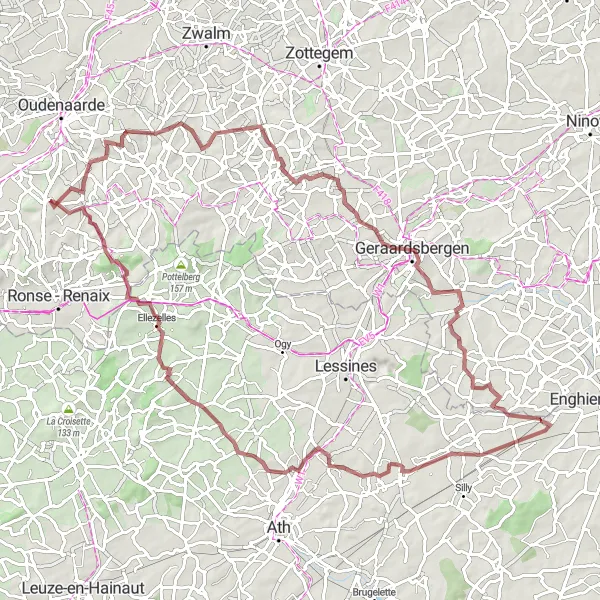 Miniature de la carte de l'inspiration cycliste "Parcours gravel à travers Nukerke" dans la Prov. Oost-Vlaanderen, Belgium. Générée par le planificateur d'itinéraire cycliste Tarmacs.app