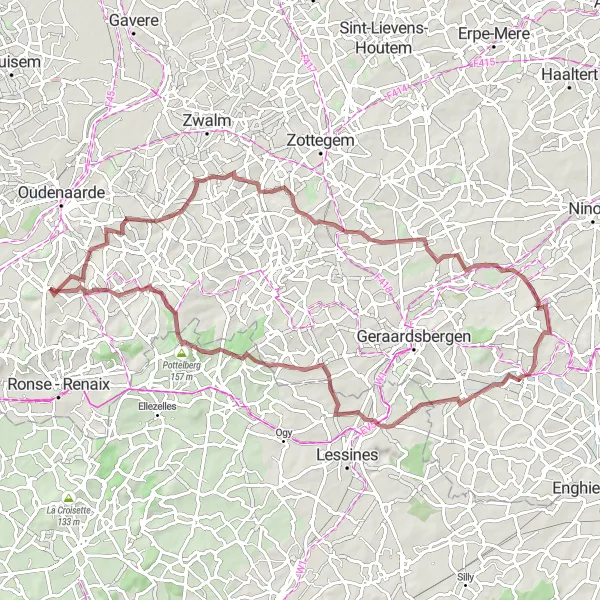 Miniatuurkaart van de fietsinspiratie "Gravelroute via Stationsberg, Vloerzegem en La Houppe" in Prov. Oost-Vlaanderen, Belgium. Gemaakt door de Tarmacs.app fietsrouteplanner