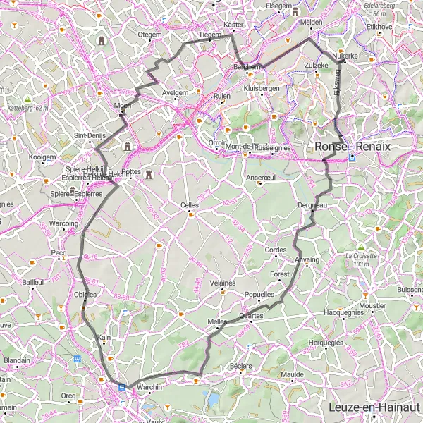 Miniatuurkaart van de fietsinspiratie "Wegroute via Kuithol, Melles en Obigies" in Prov. Oost-Vlaanderen, Belgium. Gemaakt door de Tarmacs.app fietsrouteplanner