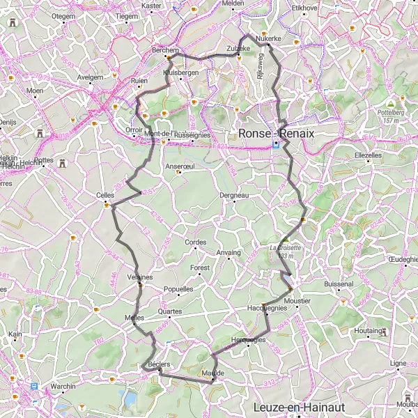 Miniature de la carte de l'inspiration cycliste "Boucle pittoresque autour de Nukerke" dans la Prov. Oost-Vlaanderen, Belgium. Générée par le planificateur d'itinéraire cycliste Tarmacs.app