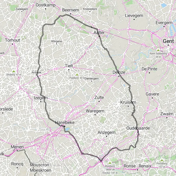 Miniatuurkaart van de fietsinspiratie "Uitdagende fietstocht door het hart van Vlaanderen" in Prov. Oost-Vlaanderen, Belgium. Gemaakt door de Tarmacs.app fietsrouteplanner