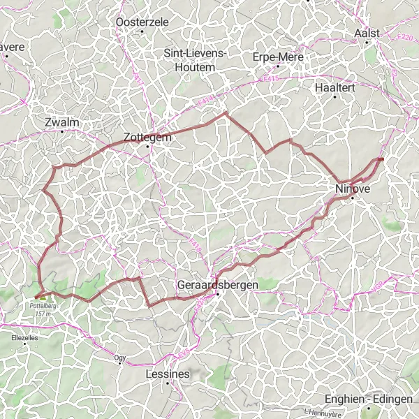 Miniatuurkaart van de fietsinspiratie "Gravelroute via Ninove en Haaghoek" in Prov. Oost-Vlaanderen, Belgium. Gemaakt door de Tarmacs.app fietsrouteplanner