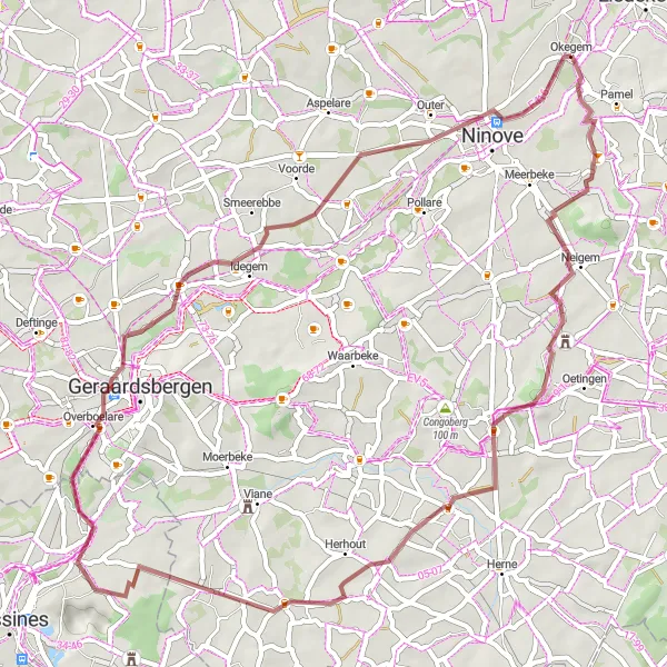 Miniatuurkaart van de fietsinspiratie "Gravelavontuur rond Okegem en Ninove" in Prov. Oost-Vlaanderen, Belgium. Gemaakt door de Tarmacs.app fietsrouteplanner
