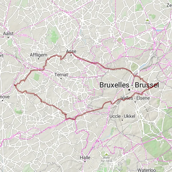 Miniatuurkaart van de fietsinspiratie "Gravelroute via Asbeek en Vlezenbeek" in Prov. Oost-Vlaanderen, Belgium. Gemaakt door de Tarmacs.app fietsrouteplanner