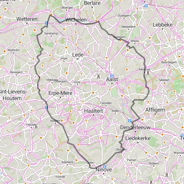 Miniatuurkaart van de fietsinspiratie "Historische route langs Denderleeuw en Wichelen" in Prov. Oost-Vlaanderen, Belgium. Gemaakt door de Tarmacs.app fietsrouteplanner