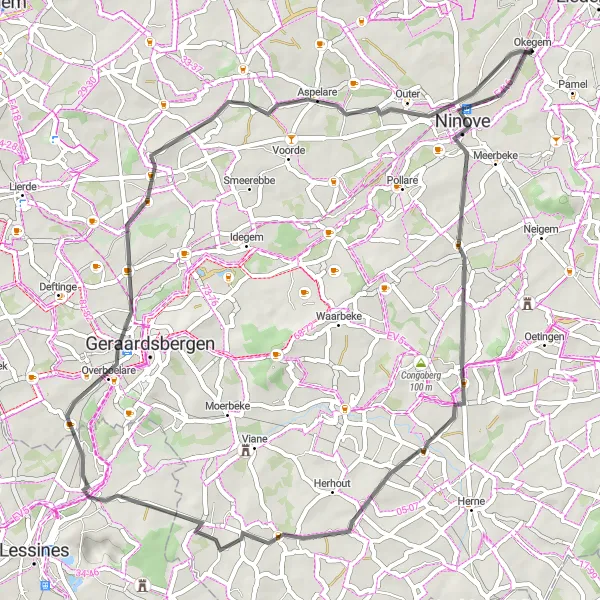 Map miniature of "Road Adventure: Okegem to Aspelare" cycling inspiration in Prov. Oost-Vlaanderen, Belgium. Generated by Tarmacs.app cycling route planner