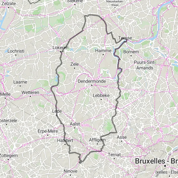 Miniature de la carte de l'inspiration cycliste "Boucle des Villages et Campagnes" dans la Prov. Oost-Vlaanderen, Belgium. Générée par le planificateur d'itinéraire cycliste Tarmacs.app